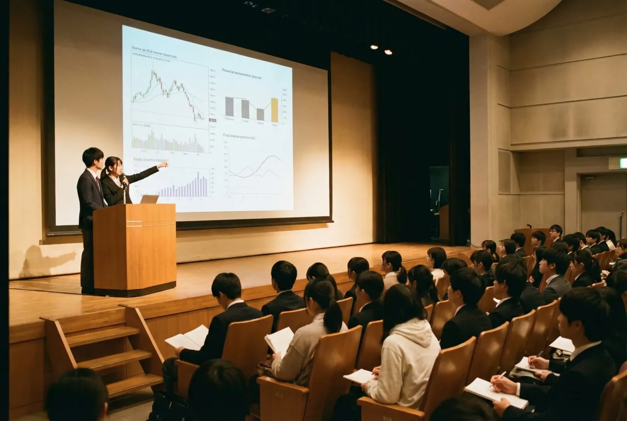 大学の講堂でプレゼンテーションを行う日本人学生たち