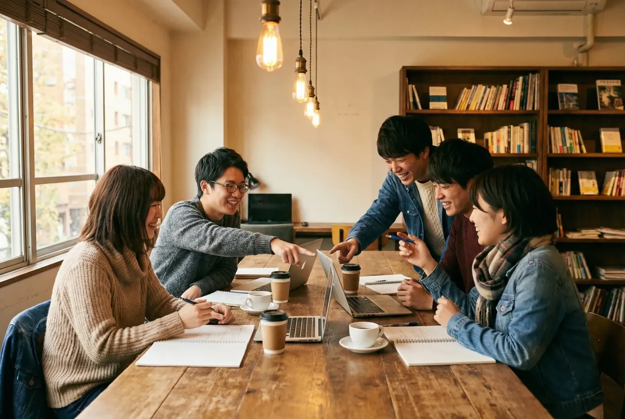 カフェ風スペースでノートPCを囲み議論する日本人大学生グループ