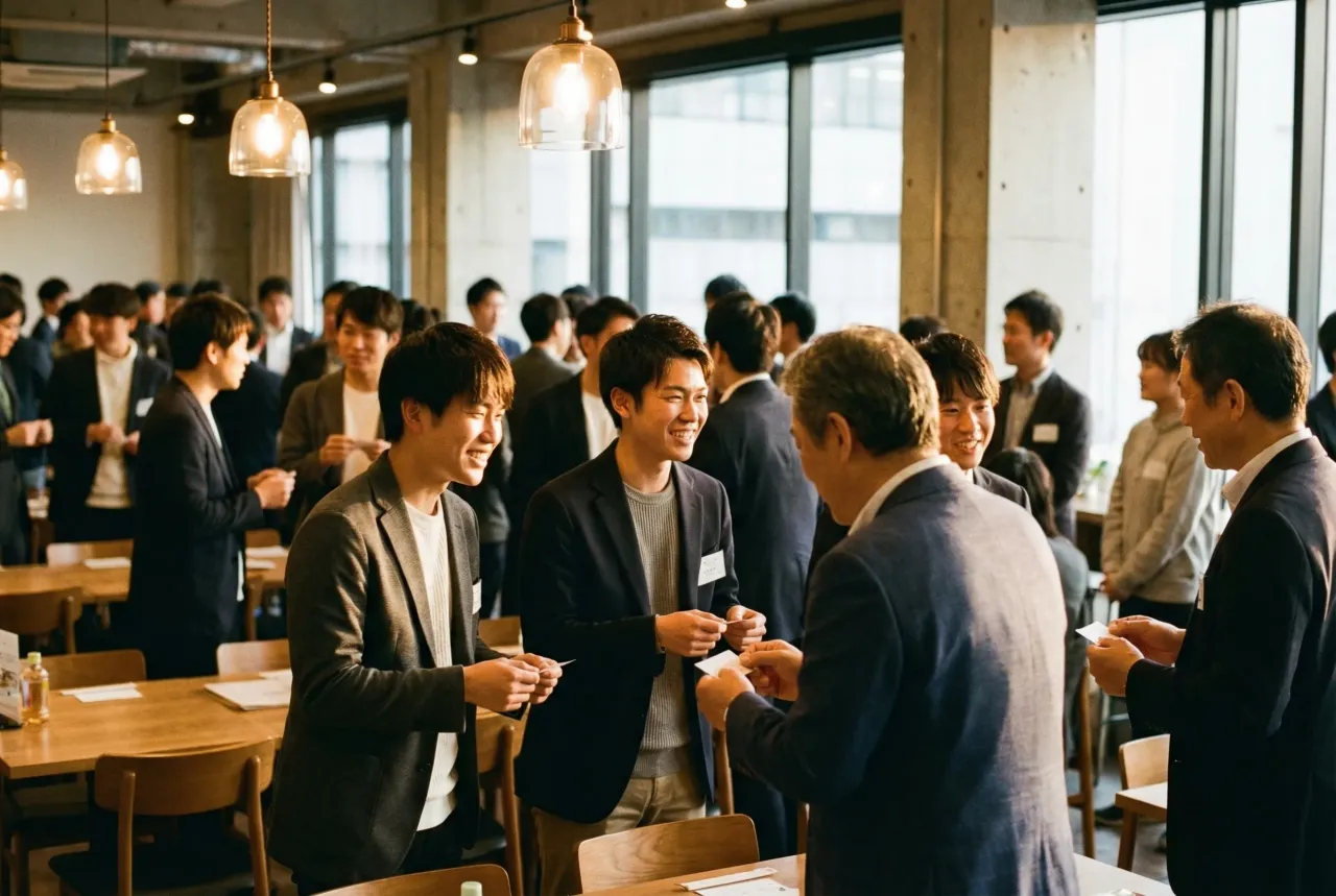 ネットワーキングイベントで名刺交換をする日本人の若手ビジネスパーソン