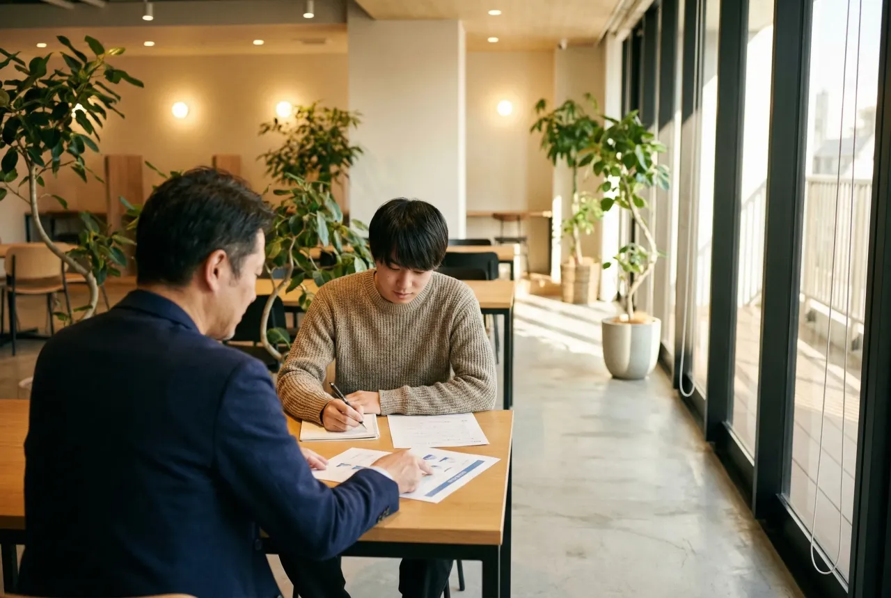 コワーキングスペースで書類を確認するメンターと若い日本人起業家